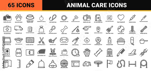 Pet Travel and Animal Care Logistics Ultra-Minimalist Monoline Icons. Geometric Line Art for Veterinary Services and Pet Shipping Industry.