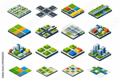 Grid street element axis tile icon urban isometric infrastructure vector set planning