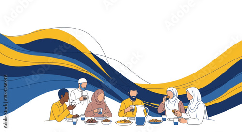 Diverse group of people eating together.