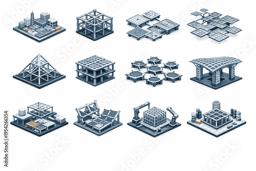 Design lattice platform structures grid isometric icon set icons vector architecture interconnected