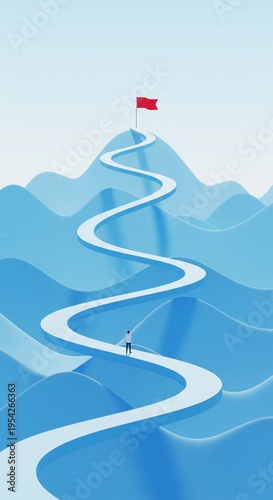 Man Climbing Winding Path to Red Flag on Mountain Peak, Symbolizing Success and Goal Achievement, 3D Render