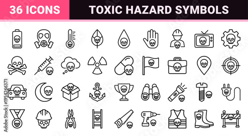 Toxic Environmental Hazard Safety Symbols and Industrial Warning Icons Featuring Ultra-Minimalist Monoline Geometric Line Art for Commercial Safety Signage.