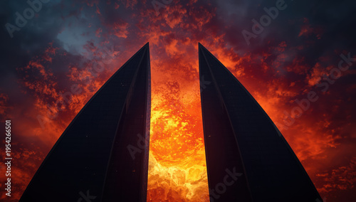 Fiery sunset sky dramatic skyscraper silhouette glowing cloudscape intense orange light vertical