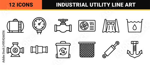 Hydroelectric Dam Infrastructure and Renewable Energy Industry Ultra-Minimalist Geometric Line Art Symbols for Sustainable Utility Mapping