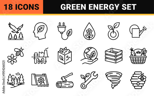 Sustainable Energy and Ecology Linear Icons Featuring Renewable Technology, Environmental Conservation Symbols, and Green Lifestyle Vector Graphics