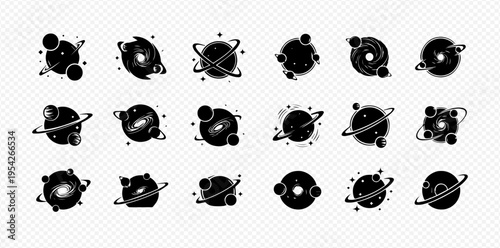Set of space icons: planets, galaxies, and celestial bodies in a minimalist black and white design, perfect for astronomy and science-related projects.