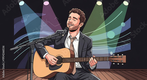 A smiling man in a suit playing an acoustic guitar on stage with colorful spotlights shining down.