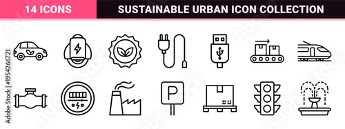 Sustainable Urban Mobility and Green Energy Ultra-Minimalist Monoline Geometric Outline Icon Set for Smart City Infrastructure Design