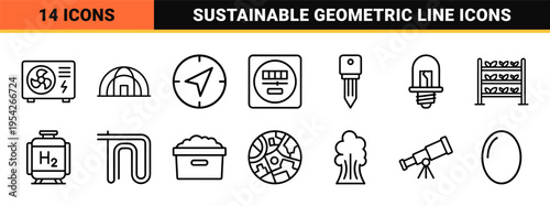 Sustainable Technology and Industrial Green Ecology Ultra-Minimalist Monoline Geometric Line Art Symbols for Clean Energy and AI Automation