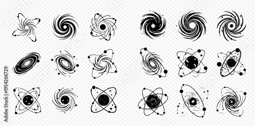 Set of various black hole and galaxy icons, abstract spiral and atomic symbols, cosmos and science elements.