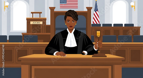 A female judge in a courtroom holding a gavel with a confident expression