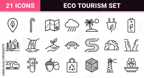 Sustainable Nature and Eco Tourism Navigation Symbols featuring Ultra-Minimalist Geometric Line Art for Environmental Branding and Apps.