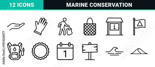 Marine Conservation and Beach Cleanup Minimalist Outline Icons featuring Eco Protection, Ocean Waste Management, and Coastal Ecology Symbols