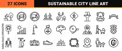 Car Free Day Ultra-Minimalist Monoline Geometric Icon Set for Sustainable Urban Mobility and Eco-Friendly City Planning Concepts