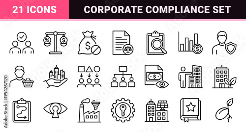 Business Ethics and Corporate Governance Minimalist Monoline Icons for Compliance, Integrity, and Social Responsibility Visuals.