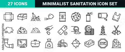 Ultra-minimalist Waste Management and Pollution Line Art Icons for Environmental Utility and Industrial Sanitation Design