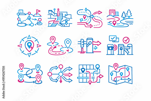 Mobility generation circulation vector simple flow functional oriented paths system icon organized