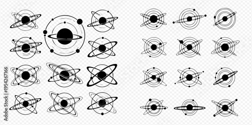 Set of black and white atom and planetary system icons with orbits and electrons, symbolizing science and technology.