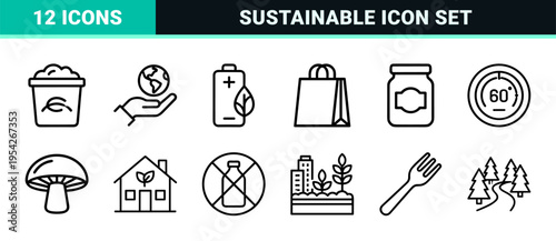 Sustainability and Nature Conservation Ultra-Minimalist Monoline Geometric Outline Icon Set for Eco-Friendly Branding and Environmental Design