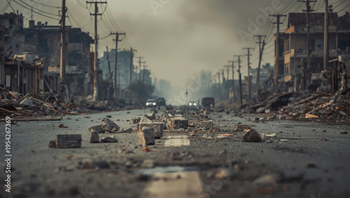 War damaged urban street strewn with rubble and collapsed buildings, bleak atmosphere