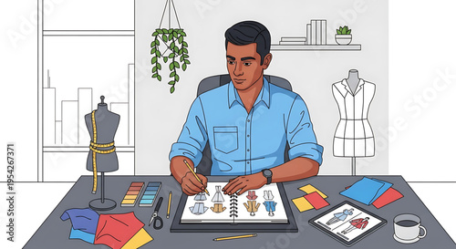 A fashion designer working on a new collection in a modern studio