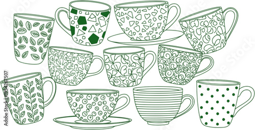 Collection of Green Outline Cups and Mugs with Various Designs
