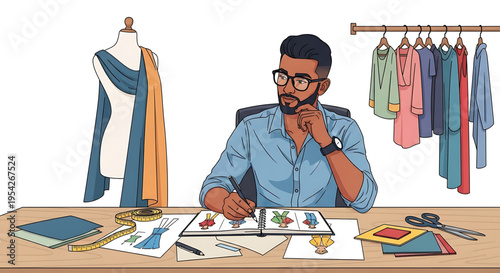 A fashion designer working on a new collection at his desk with various fabrics and clothes around him