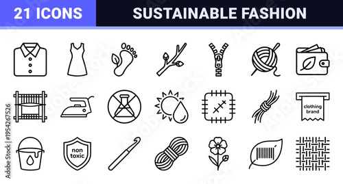 Sustainable Fashion and Ethical Textile Production Minimalist Outline Icons for Eco-Conscious Brand Identity and Organic Garment Industry.