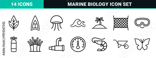 Marine Biology and Environmental Sustainability Ultra-Minimalist Monoline Vector Icon Set for Professional Ecological App and Web Interface Design