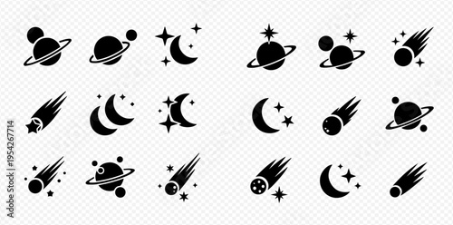 Set of space icons including planets, moons, stars, and comets in a simple black silhouette style.