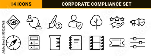 Corporate Business Ethics and Compliance Management Outline Icon Set featuring Ultra-Minimalist Geometric Line Art Symbols for Professional Governance