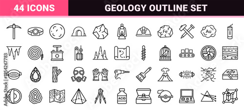 Underground Mining and Geology Icon Set Featuring Ultra-Minimalist Geometric Outlines for Mineral Extraction and Earth Science Industries