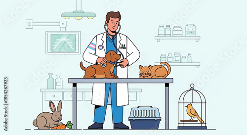 A veterinarian examines a dog in a modern veterinary clinic with various animals present