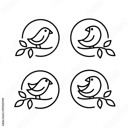 Simple Bird on Branch Line Art Logo Icon Set