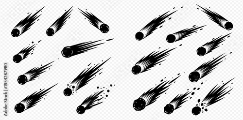 Set of black falling comets or meteors with speed lines and dust trails, isolated on transparent background.