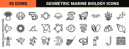 Marine Life and Ocean Biology Ultra-Minimalist Monoline Icon Set featuring Geometric Line Art Symbols for Nautical and Aquatic Design Projects