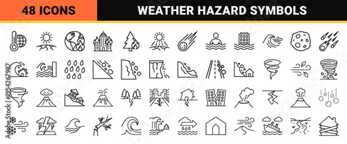 Natural Disaster and Extreme Weather Minimalist Outline Icons for Environmental Crisis Management and Emergency Insurance Digital Assets