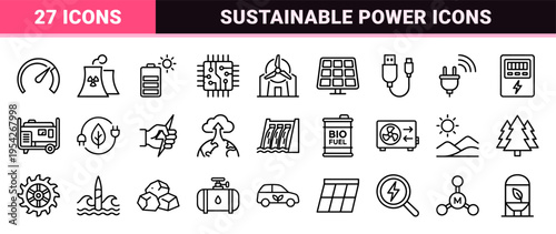 Sustainable Energy and Renewable Power Systems Ultra-Minimalist Monoline Icons Featuring Wind Turbines Solar Panels and Ecology Symbols
