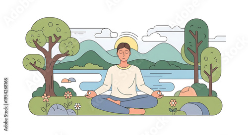 A serene cartoon illustration of a man meditating in a peaceful outdoor setting with mountains and a lake in the background.