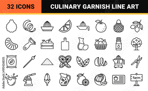 Citrus Fruit and Garnish Ultra-Minimalist Monoline Outline Icons for Professional Culinary Design and Healthy Beverage Interface Graphics