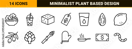 Vegan Plant Based Diet and Sustainable Living Icon Set featuring Ultra Minimalist Monoline Geometric Outlines for Healthy Lifestyle Apps