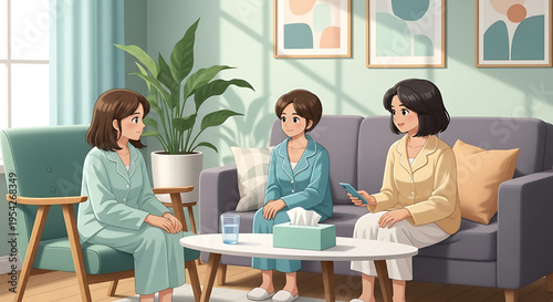 A vector graphic illustration of a therapist and two patients in a calm and comfortable living room setting, discussing mental health and wellness.