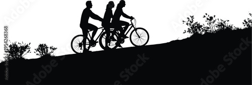 Black silhouette of active family with children riding bicycles uphill on meadow at sunset, teamwork and healthy lifestyle outdoor adventure concept on white background