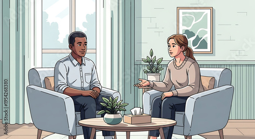 A female therapist and male patient having a conversation in a cozy therapy room with a calm atmosphere