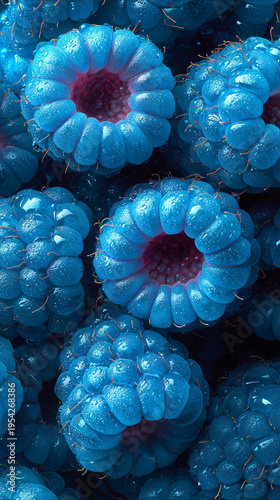 Blue raspberry texture background with water droplets macro abstract fruit pattern