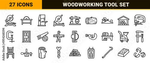 Sawmill and Woodworking Industrial Outline Icons featuring Professional Forestry Equipment and Timber Processing Symbols in Minimalist Monoline.