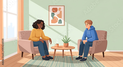 A vector graphic illustration of a therapist and patient in a cozy living room setting having a conversation.