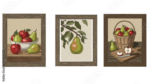 Framed Apple & Pear Still Life Art Prints for Home Decor & Kitchen Design | Set of 3