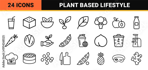 Vegan Lifestyle and Plant Based Nutrition Ultra Minimalist Monoline Icon Set Representing Healthy Diet Sustainability and Wellness Concepts