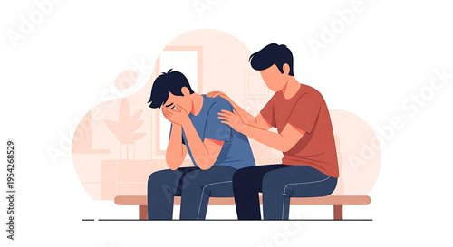 A vector graphic illustration of two men sitting on a bench, one comforting the other